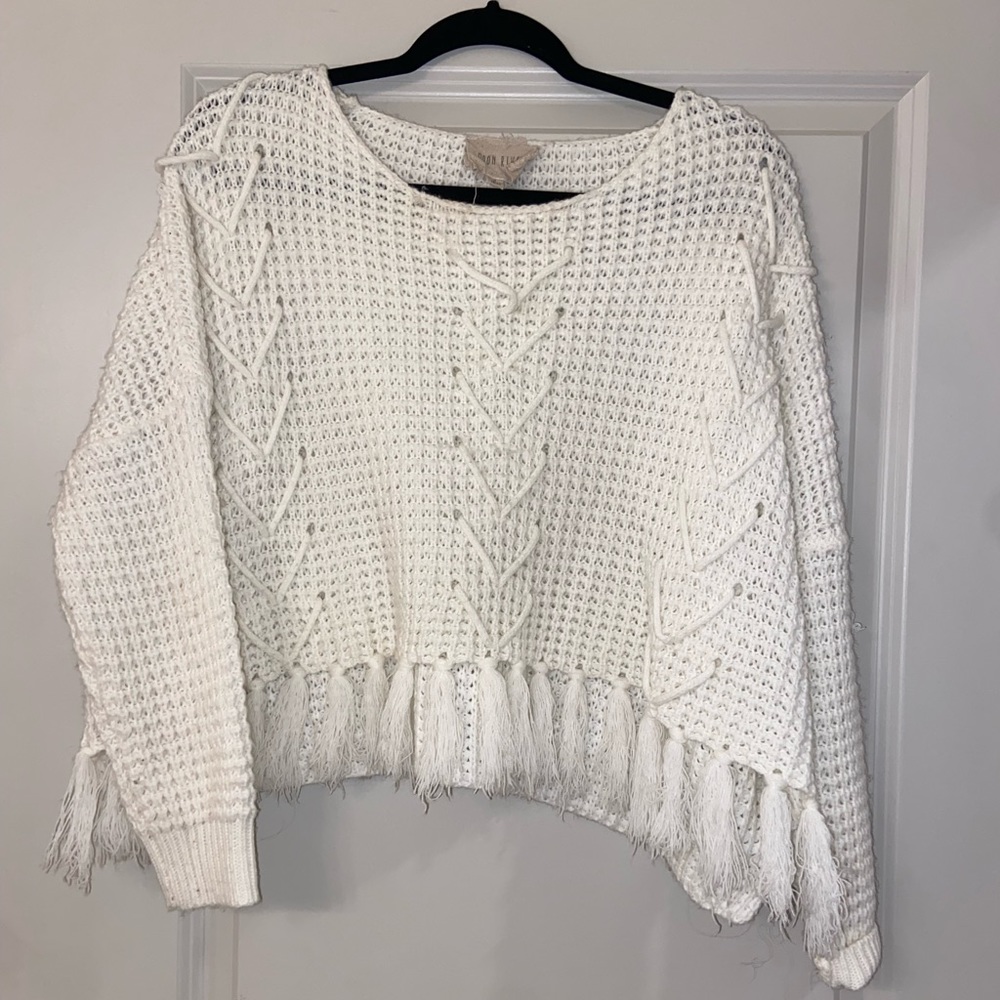Crop Fringe White Sweater. Size Medium.